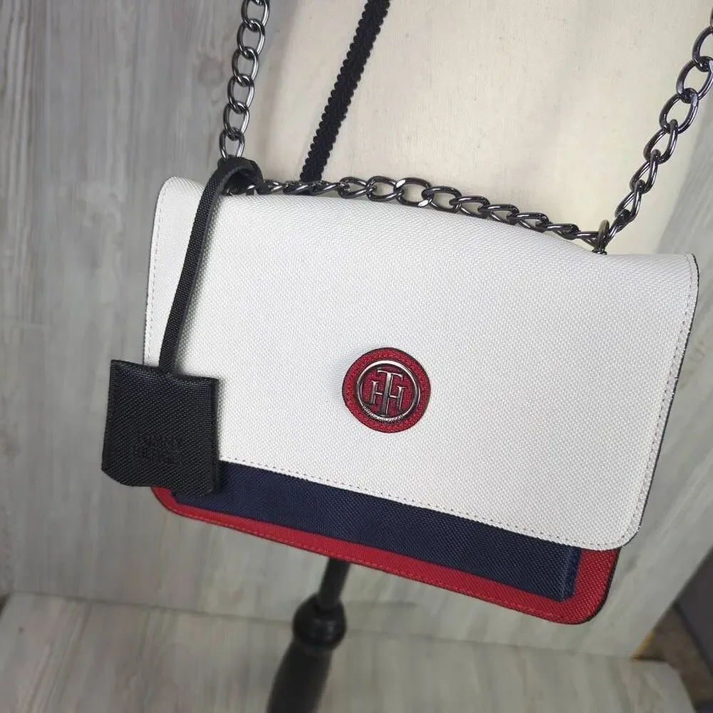 Tommy Hilfiger Classic Colorblock Blue White Red Chain Crossbody Bag Faux Leathe